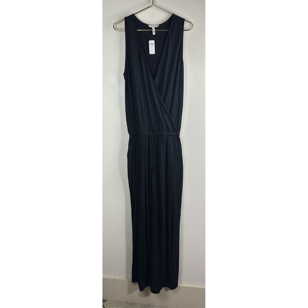 New Soma Soft Slub Terry Jumpsuit Sleeveless Belted Stretch Black Large 34" Long - Picture 2 of 11
